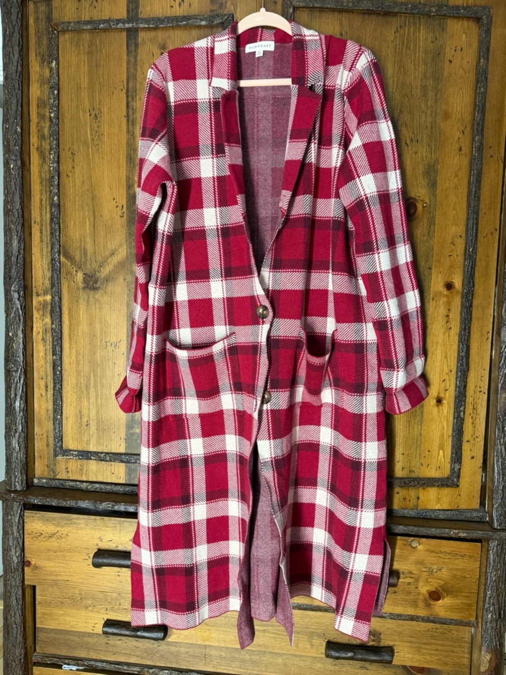 DownEast Red and White Plaid Long Cardigan xxl